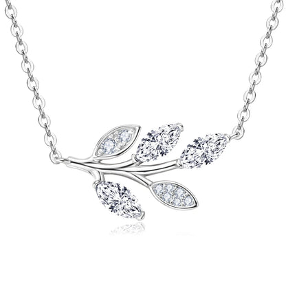Silver Marquise Cut Moissanite Leaf Pendant Necklace