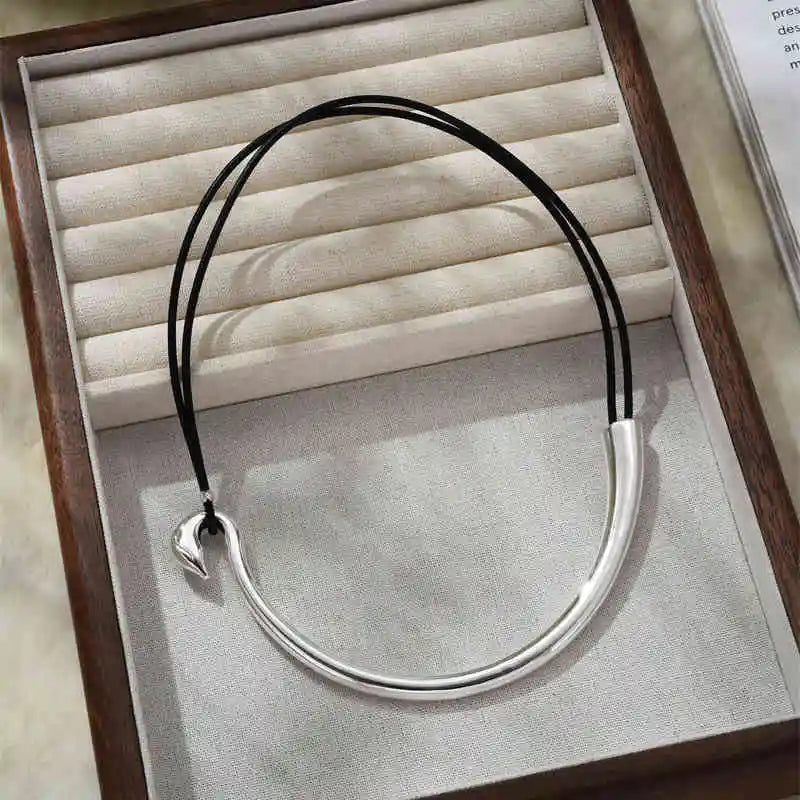 Black Sheepskin Rope Silver Minimalist Necklace & Bracelet