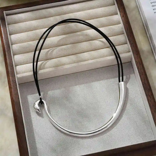Black Sheepskin Rope Silver Minimalist Necklace & Bracelet