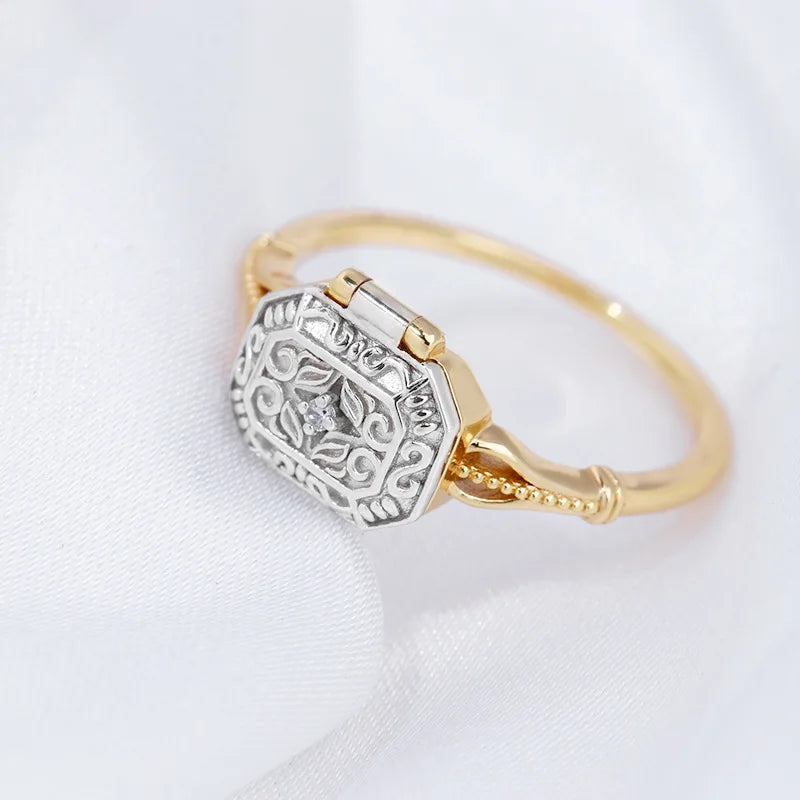 Vintage 925 Sterling Silver Gold Vermeil Ring for Women – Retro Pattern Box Design