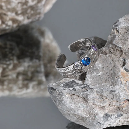 18K Gold Plated 925 Sterling Silver Resizable Ring with Purple‑Blue Zircons