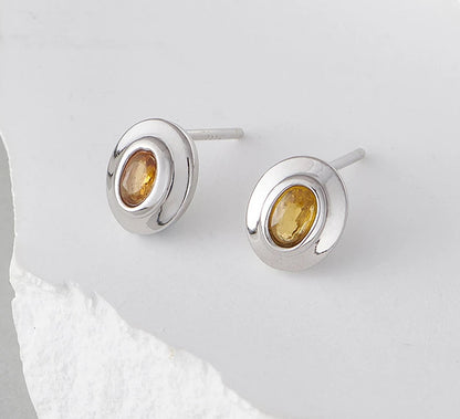 Silver Inlaid with Natural Citrine Classic Oval Shaped Earrings & Pendant