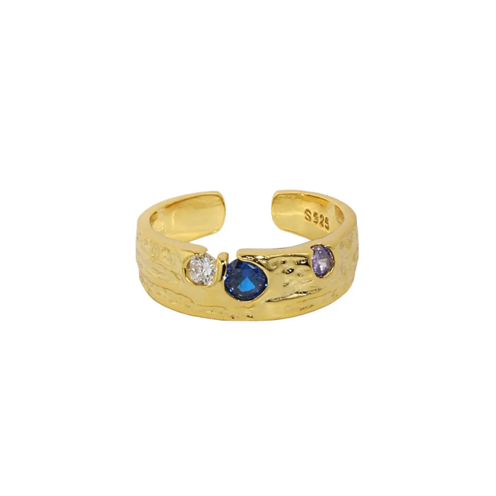 18K Gold Plated 925 Sterling Silver Resizable Ring with Purple‑Blue Zircons