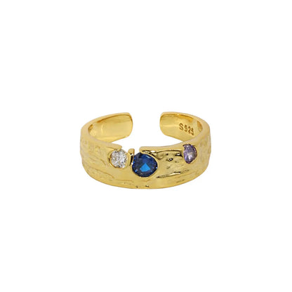18K Gold Plated 925 Sterling Silver Resizable Ring with Purple‑Blue Zircons