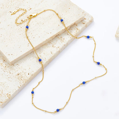 Silver Gold Plated Lapis Lazuli Pearl Sphere Chain Station Necklace