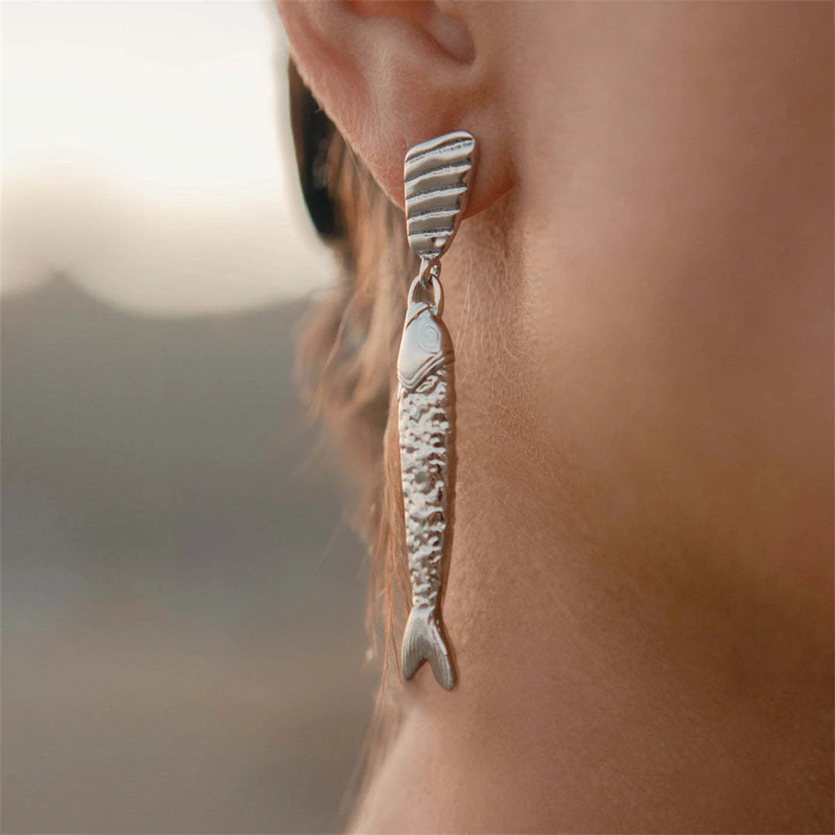 Gold‑Plated Titanium Steel Small Fish Long Earrings, Retro Artistic Style