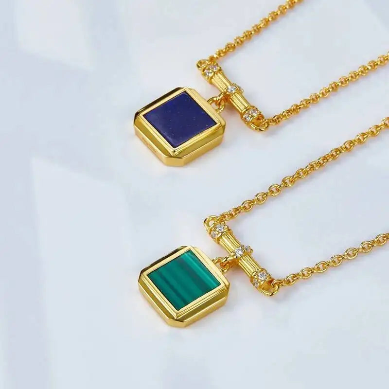 Silver 18K Gold Malachite Lapis Lazuli Square Pendant Choker Necklace