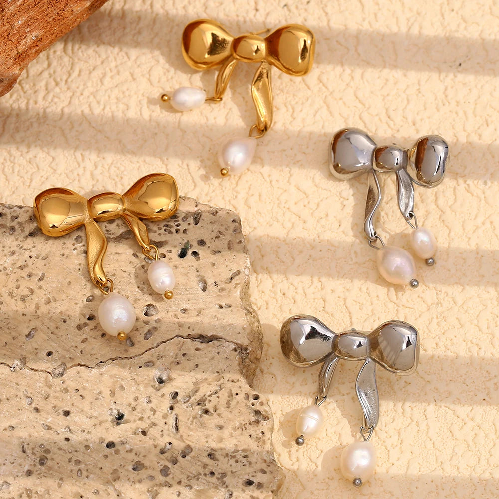 Elegant 18K Gold Plated Waterproof Stainless Steel Bow Pearl Earrings