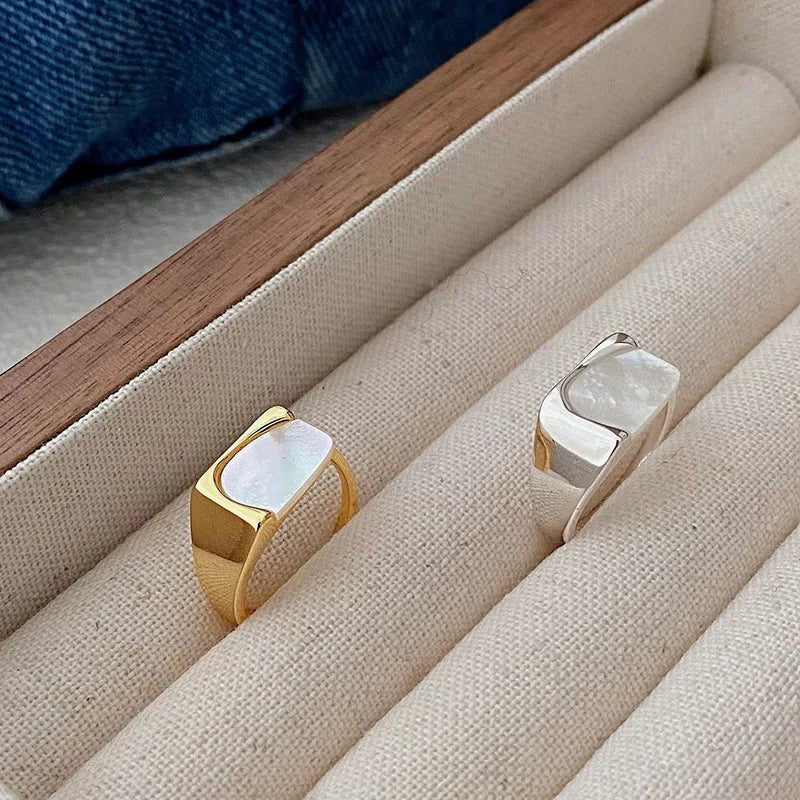 Natural White Mother of Pearl 925 Sterling Silver High Polished Open Rings