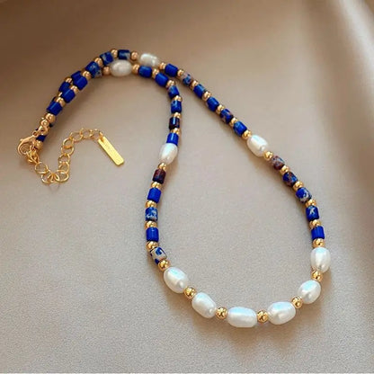 Natural Freshwater Pearl & Lapis Lazuli Stone Chain Necklace