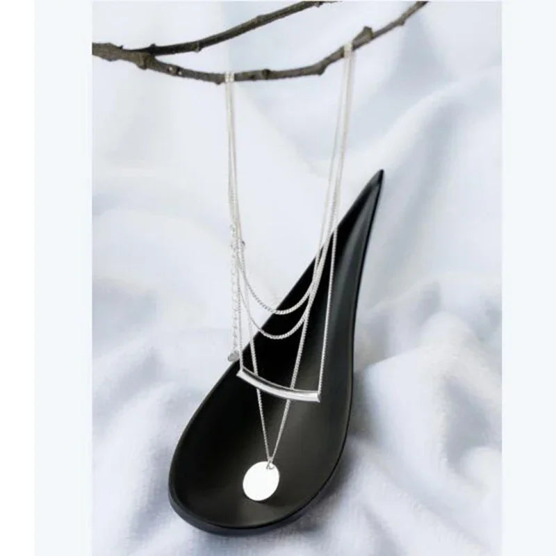 Silver Layer Chain Geometric Round Disc Bent Pipe Choker Pendant Necklace