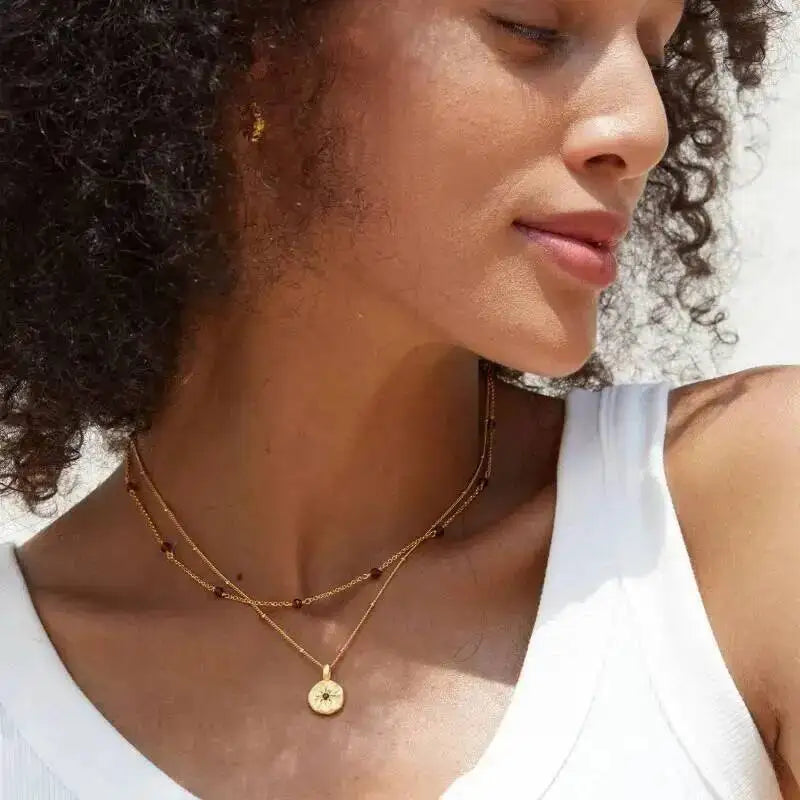 Silver Natural Garnet Star Gold Plated Disc Pendant Necklace