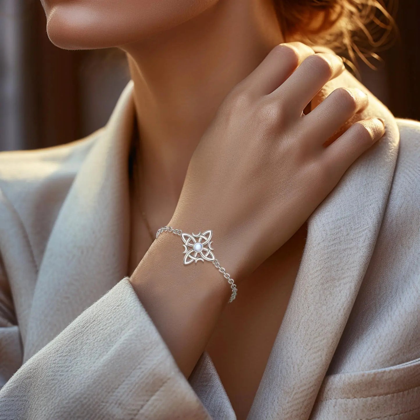 Silver Moonstone Celtic Knot Amulet Chain Bracelet