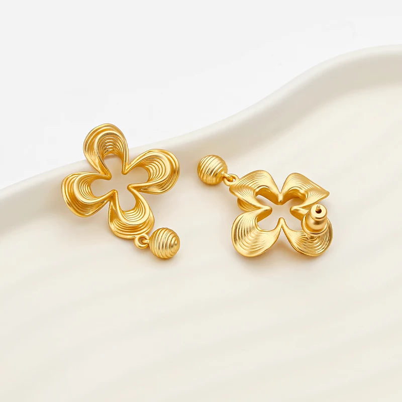 Lucky Four‑Leaf Clover Studs, 18K Gold‑Plated with Striped Detail & Ball Accent