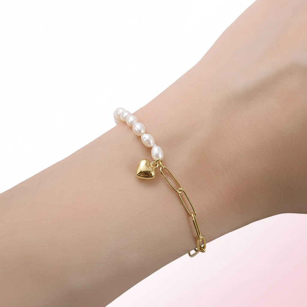 Handmade Silver Paperclip Link Pearl Chain Bracelet with Heart Pendant