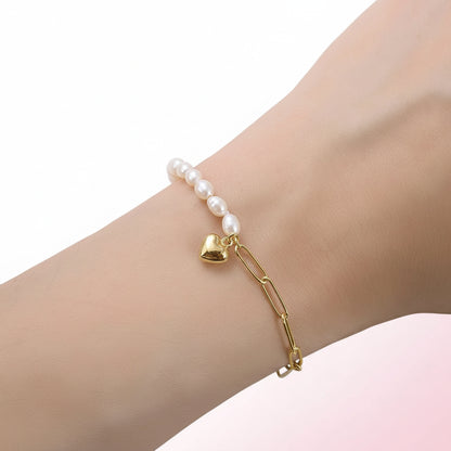 Handmade Silver Paperclip Link Pearl Chain Bracelet with Heart Pendant
