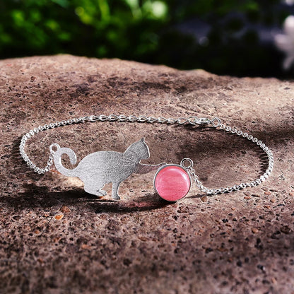 Silver Natural Aquamarine Playing Cat Bracelet