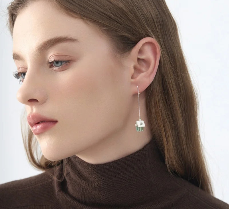 Silver Colorful Crystal Glass Cute Cabin Shaped Designer Dangle Earrings