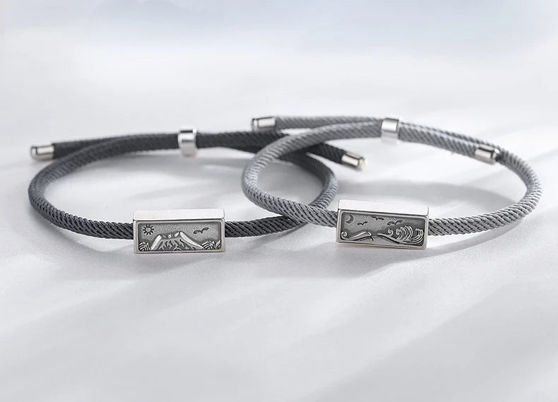 Silver Mountain and Water Couple Bracelet Set