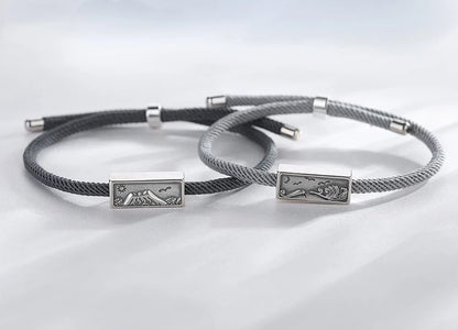 Silver Mountain and Water Couple Bracelet Set