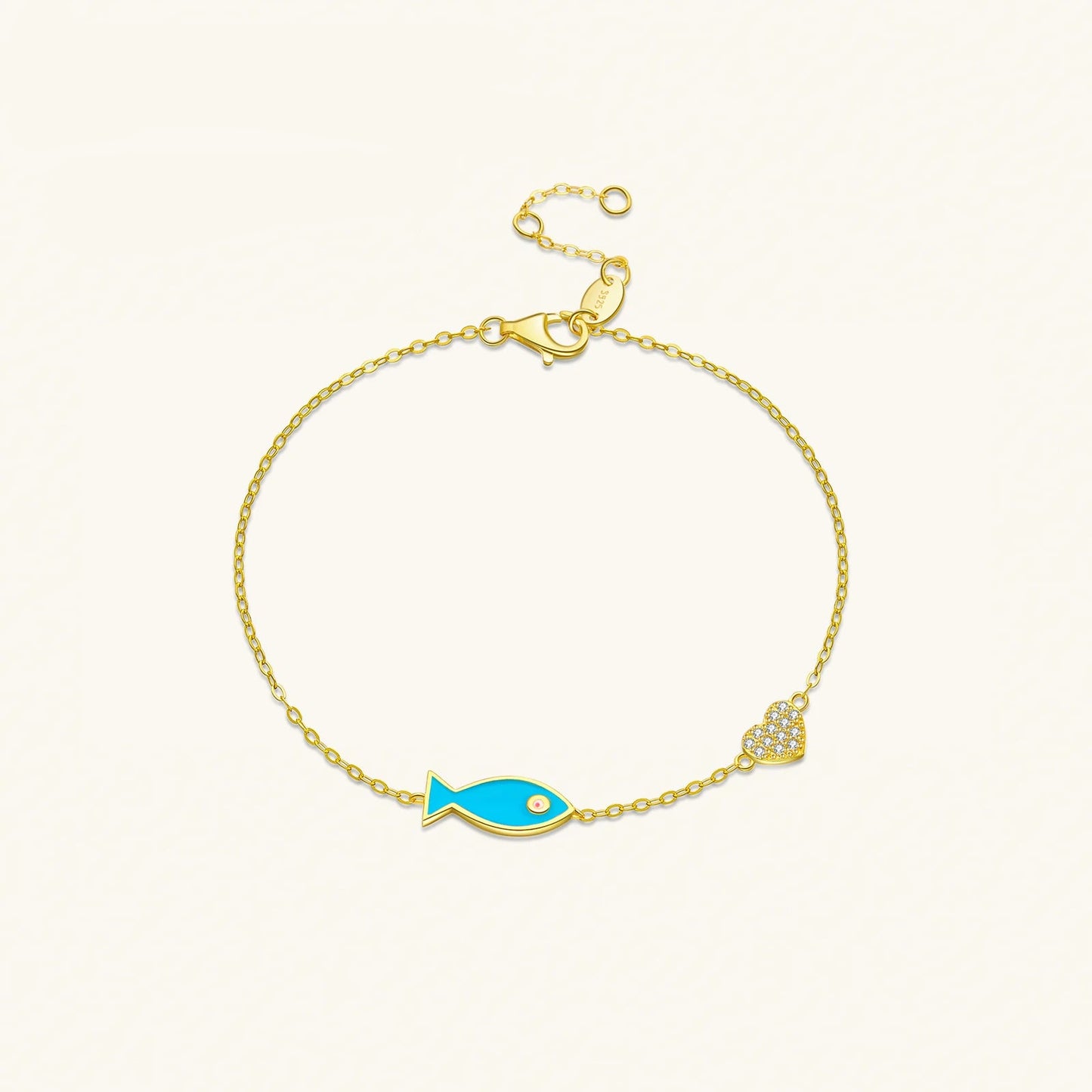 925 Sterling Silver Blue Fish Heart Chain Bracelet – 18K Gold Plated Punk Jewelry with Zircon