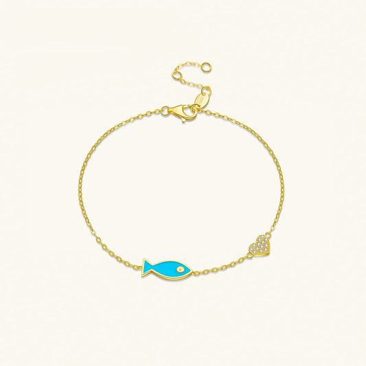 925 Sterling Silver Blue Fish Heart Chain Bracelet – 18K Gold Plated Punk Jewelry with Zircon