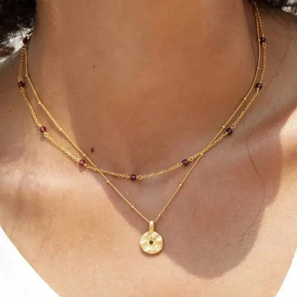 Silver Natural Garnet Star Gold Plated Disc Pendant Necklace