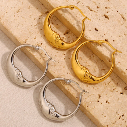 18K Gold Plated Stainless Steel Moon Hoop Earrings – Unique Waterproof Statement