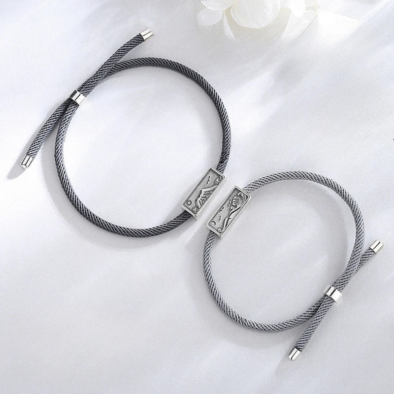 Silver Mountain and Water Couple Bracelet Set