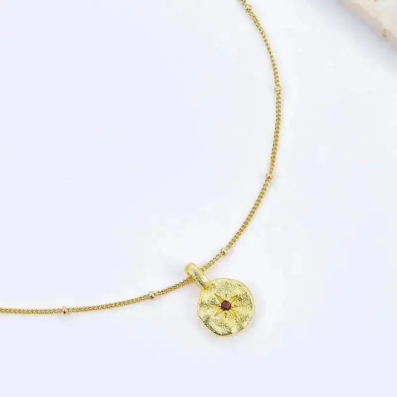Silver Natural Garnet Star Gold Plated Disc Pendant Necklace