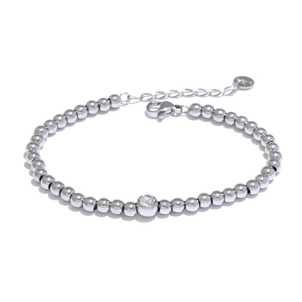 Gold Plated Stainless Steel Bead Chain Bangle Bracelet Cubic Zirconia, Waterproof