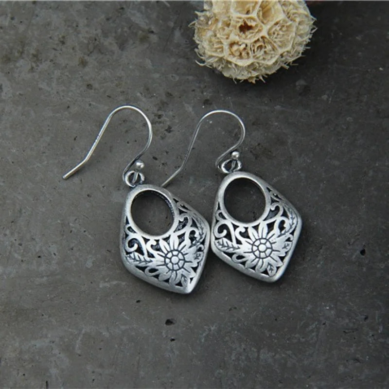 Silver Drop Earrings Sunflowers Pattern