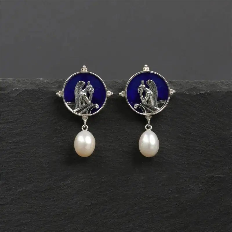 Silver Blue Glass Pearl Dangle Earrings