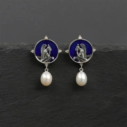 Silver Blue Glass Pearl Dangle Earrings