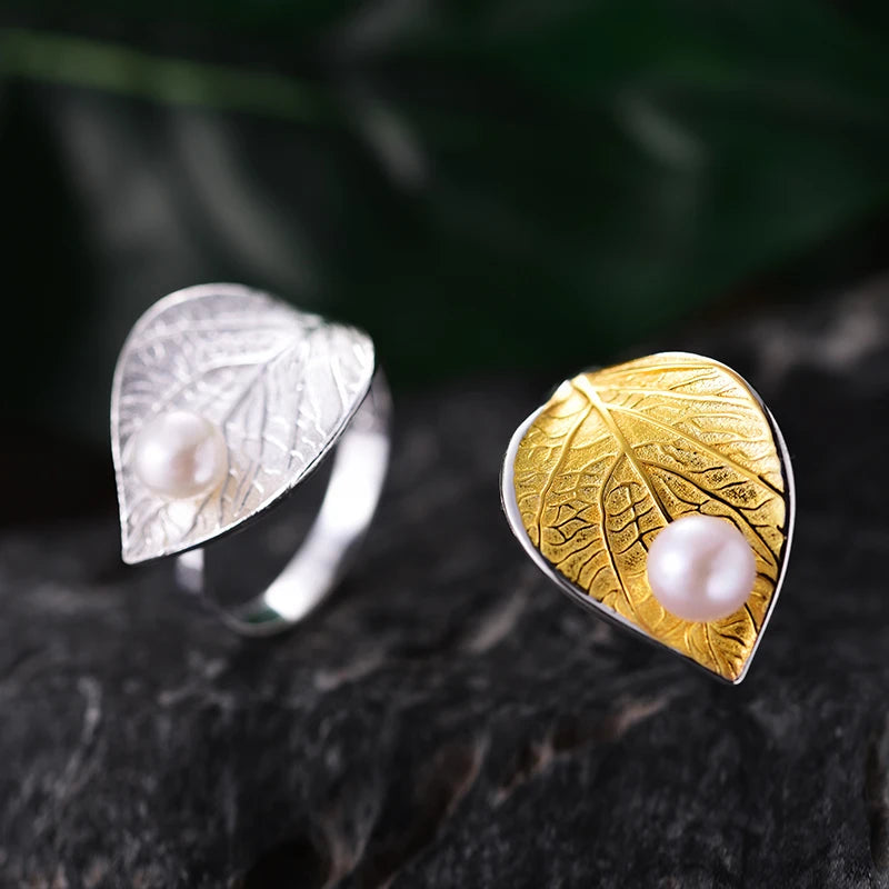 Silver Pearl Leaf Ring