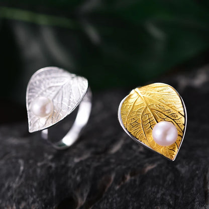 Silver Pearl Leaf Ring