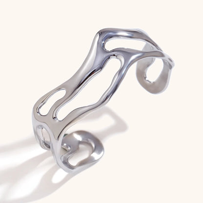 18K Gold Wave Open Cuff Bracelet Waterproof 316L Stainless Steel