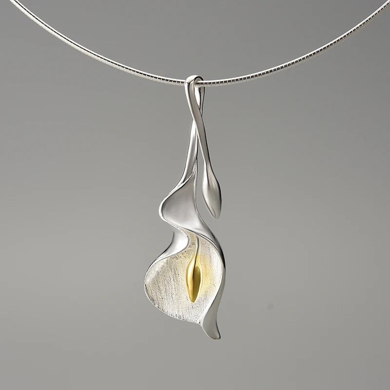 Silver New Calla Lily Flower Pendant and Chain Necklace