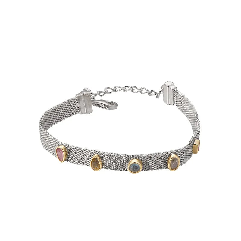 Silver Natural Tourmaline Woven Safety Chain Bracelets,  Minimalistic Geometric Chic Bracelet