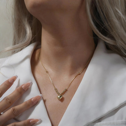 925 Silver Heart Pendant Necklace – 14K Gold Plated with Dainty Snake Chain & Sparkling Beads