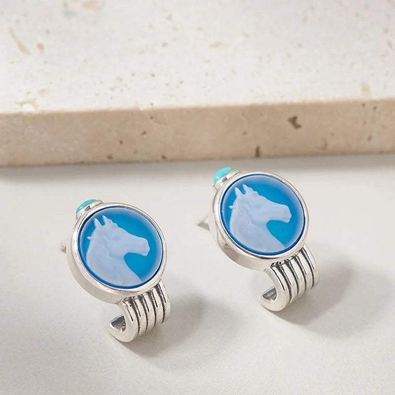 Silver Blue Agate Little White Horse Ear Studs