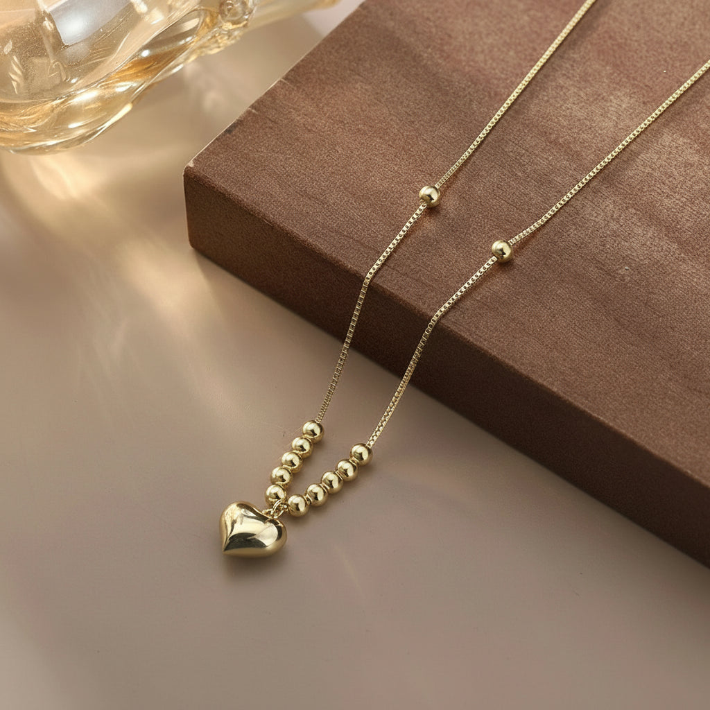 925 Silver Heart Pendant Necklace – 14K Gold Plated with Dainty Snake Chain & Sparkling Beads