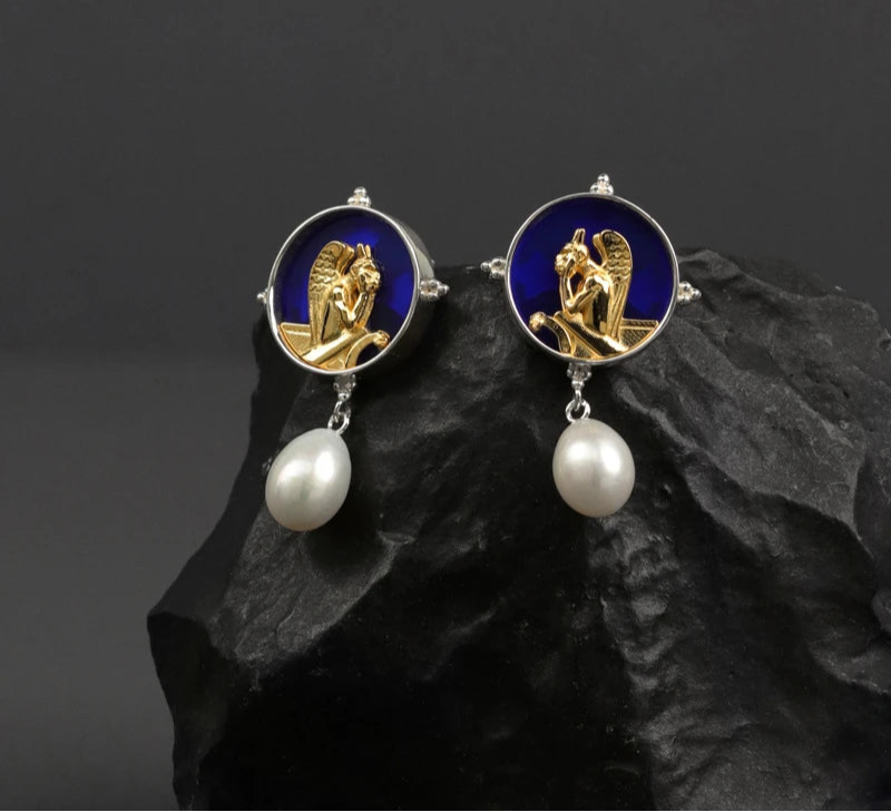 Silver Blue Glass Pearl Dangle Earrings