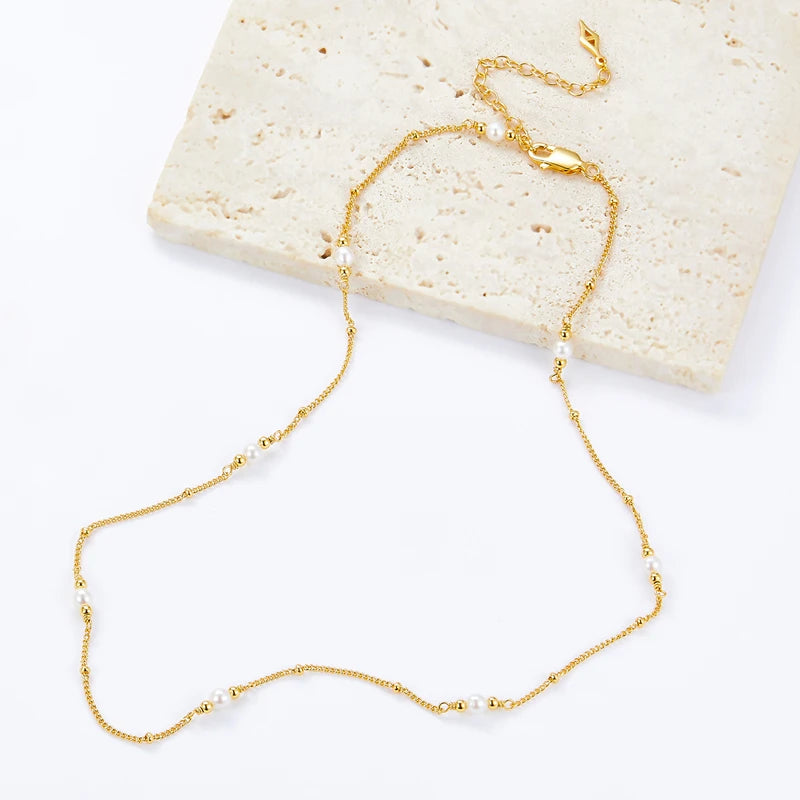 Silver Gold Plated Lapis Lazuli Pearl Sphere Chain Station Necklace