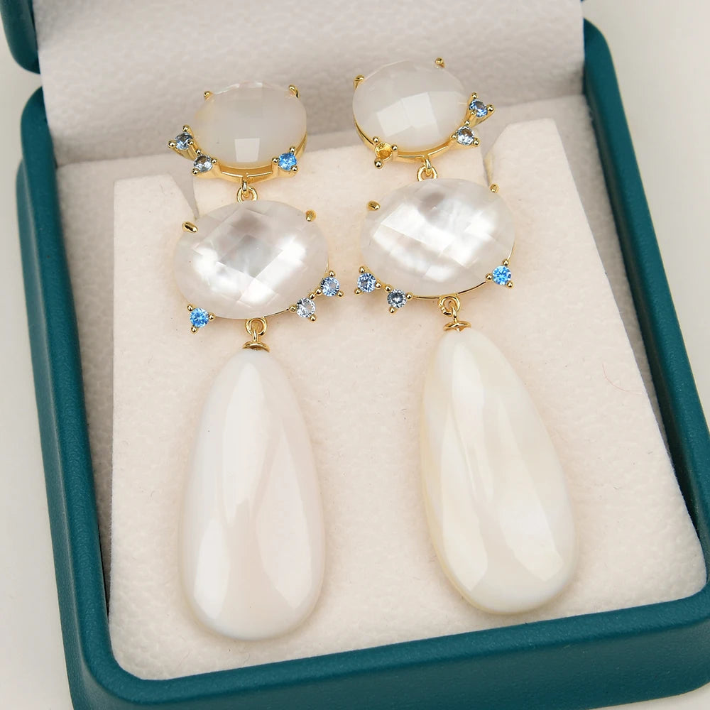 Handmade Natural White Sea Shell Pearl Blue Stud Earrings, Dangle Earring