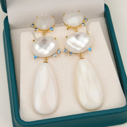 Handmade Natural White Sea Shell Pearl Blue Stud Earrings, Dangle Earring