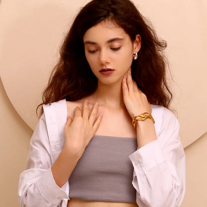 18K Gold Wave Open Cuff Bracelet Waterproof 316L Stainless Steel