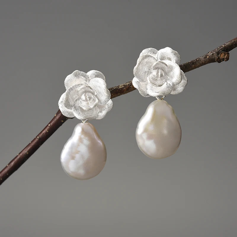 Silver Pearl Camellia Flower Dangle Earrings