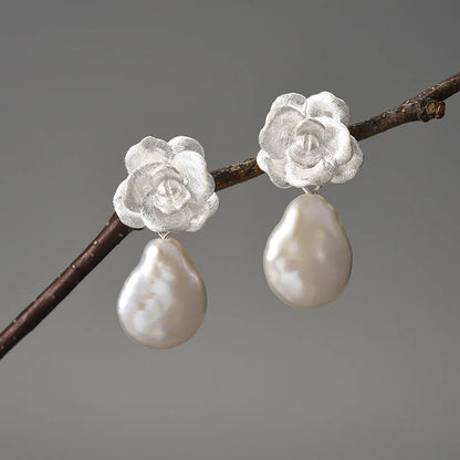 Silver Pearl Camellia Flower Dangle Earrings