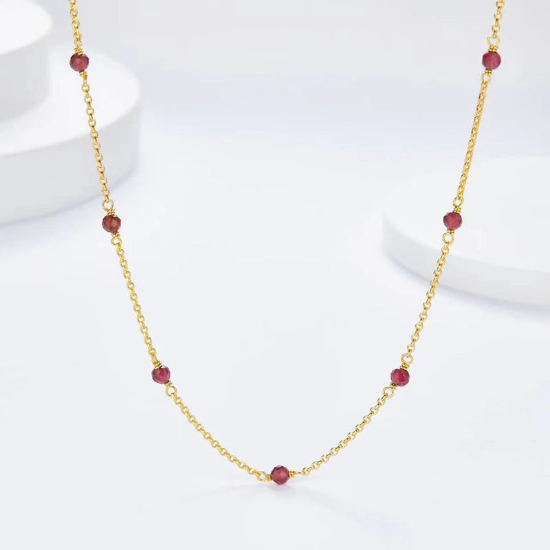 Silver Gold Plated Garnet Spaced Bead Station Necklace